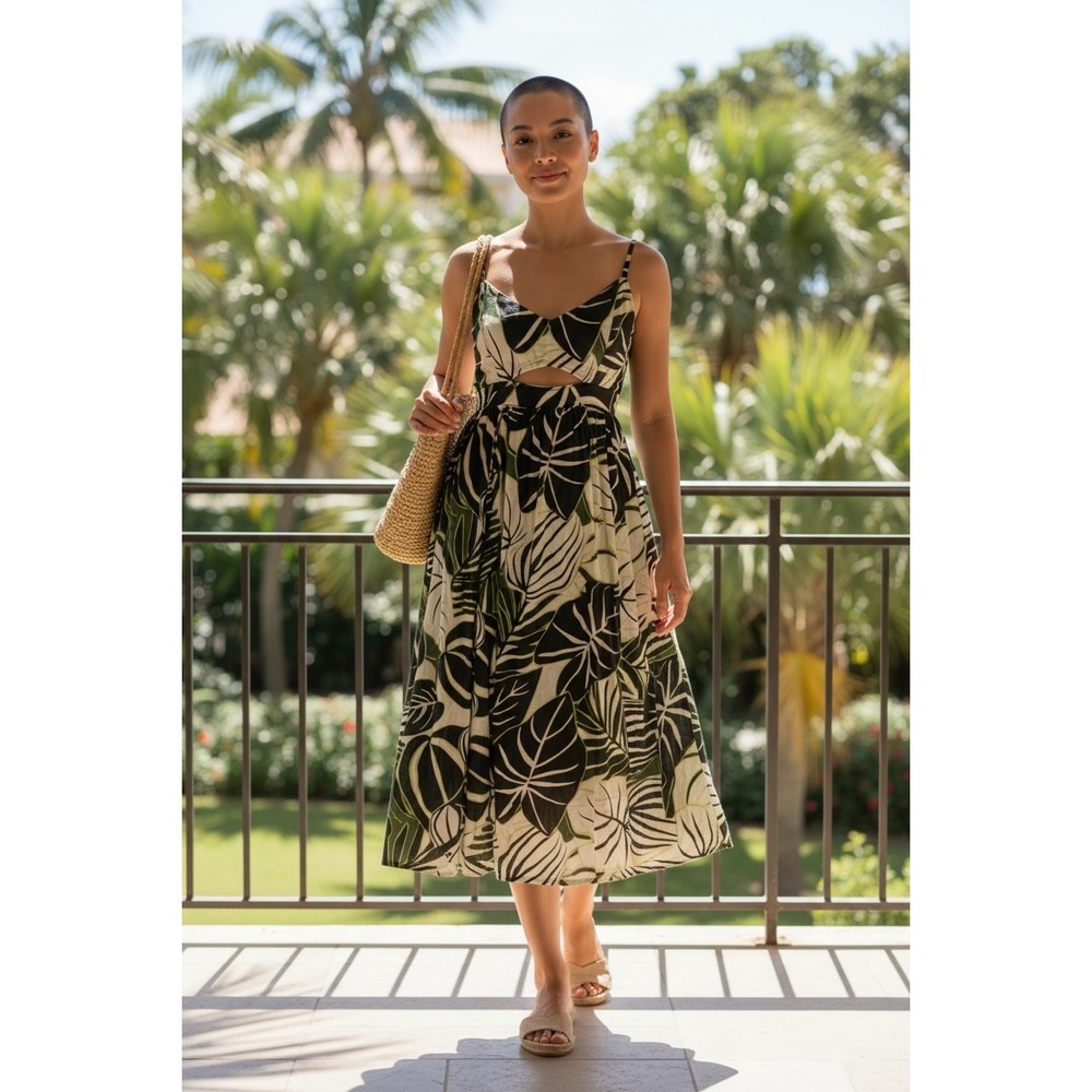Tropical Leaf Print Midi Dress in Green and Black